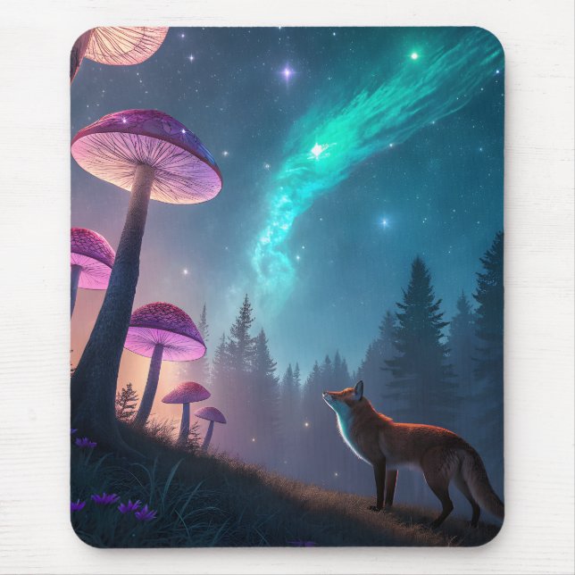 Ljusande Svamp Skog Räv Fantasy Konst Musmatta (Framsidan)