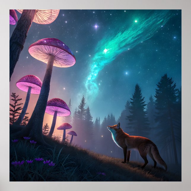 Ljusande Svamp Skog Räv Fantasy Konst Poster (Framsidan)