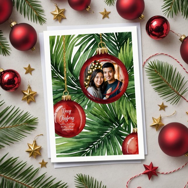 Ljusande tropisk julpalmsakvarellfoto julkort (Tropical Christmas card with red ornaments and palm fronds, personalized with your holiday photo.)
