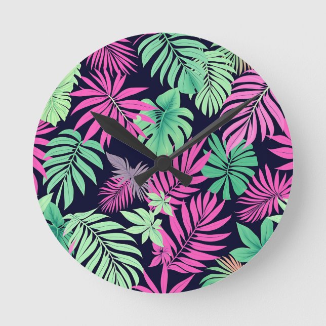 Ljusande tropiska blad Neonmönster Rund Klocka (Framsida)