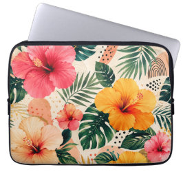 Ljusande tropiskt hibiskusblommigt sömlöst mönster laptop fodral