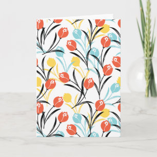 Ljusande tulpanmönster blommig design på vit bakgr kort