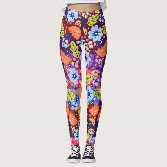 Ljusare Mörk blått vit Grönt Blommigt Art jul Leggings (Framsida)
