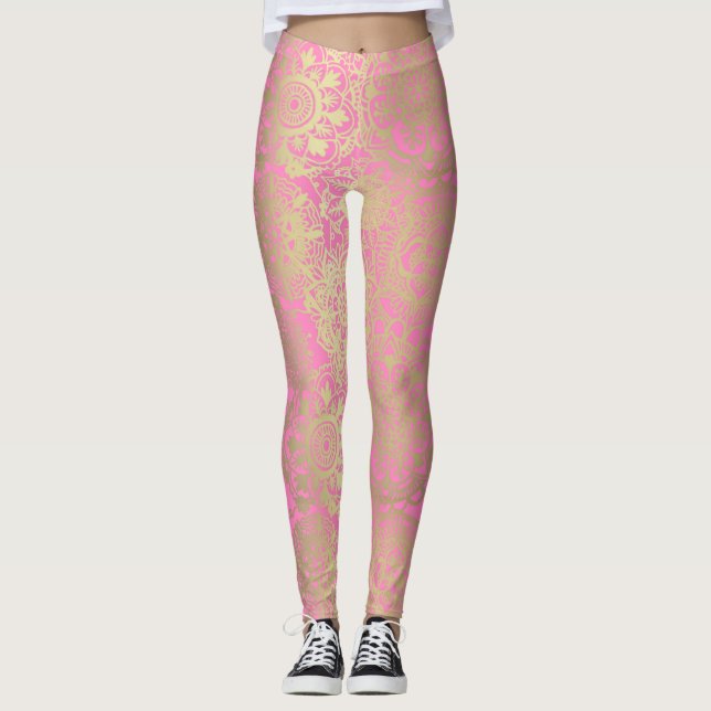 Ljusare rosa och Guld Mandala Mönster Leggings (Framsida)