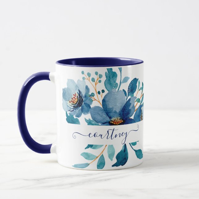 Ljusblå akrylfärg blommande personlig mugg (Vänster)