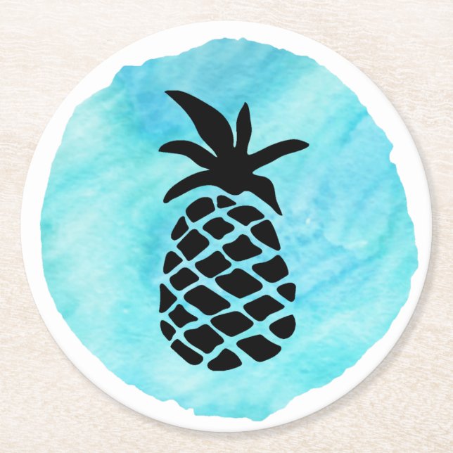 Ljusblå Ananas Underlägg Papper Rund (Framsidan)