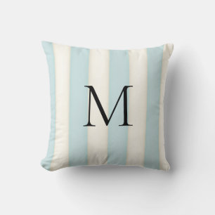 Ljusblå & Antikvita Ränder med Monogram Kudde