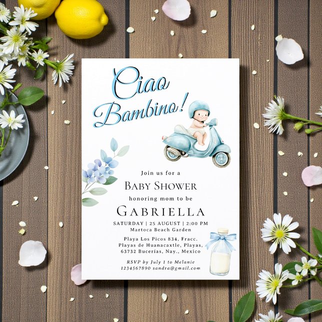 Ljusblå Babyscooter Ciao Bambino Dopp Inbjudningar (Skapare uppladdad)
