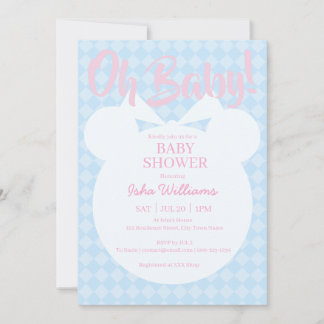Ljusblå Björn Rosa Oh Baby Shower Inbjudan