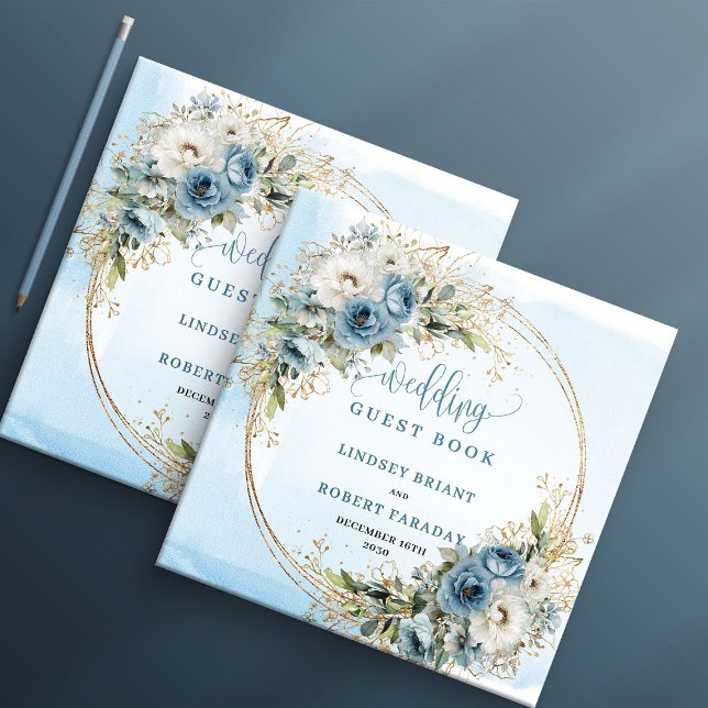 Ljusblå Blommig Grönska Guld Glitter Gästbok (Light Blue Floral Greenery Gold Glitter Guest Book

)