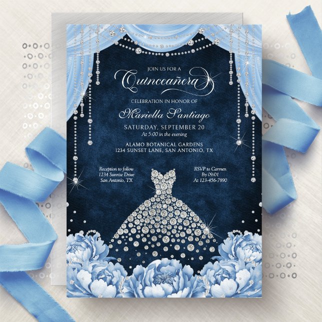 Ljusblå Blommig Prinsessa Quinceanera Inbjudan (Skapare uppladdad)