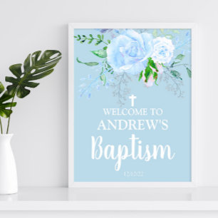 Ljusblå Blommigt Baptism Boy Välkommen 8x10 Poster