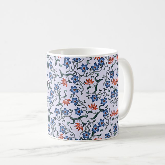 Ljusblå blommönster med gröna vinrankor kaffemugg (Framsida höger)