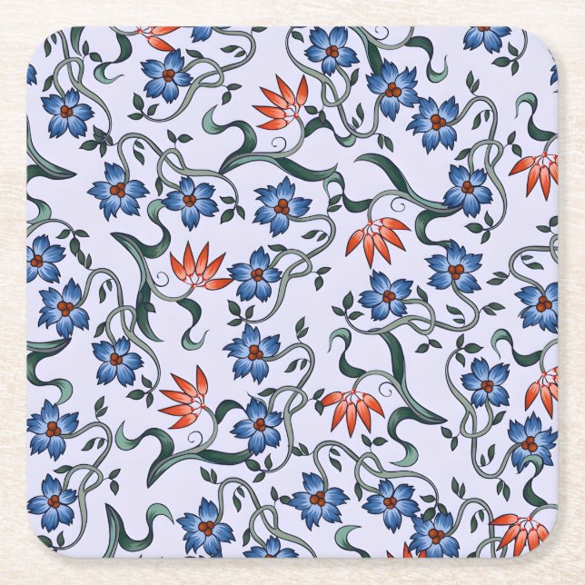 Ljusblå blommönster med gröna vinrankor underlägg papper kvadrat (Framsidan)