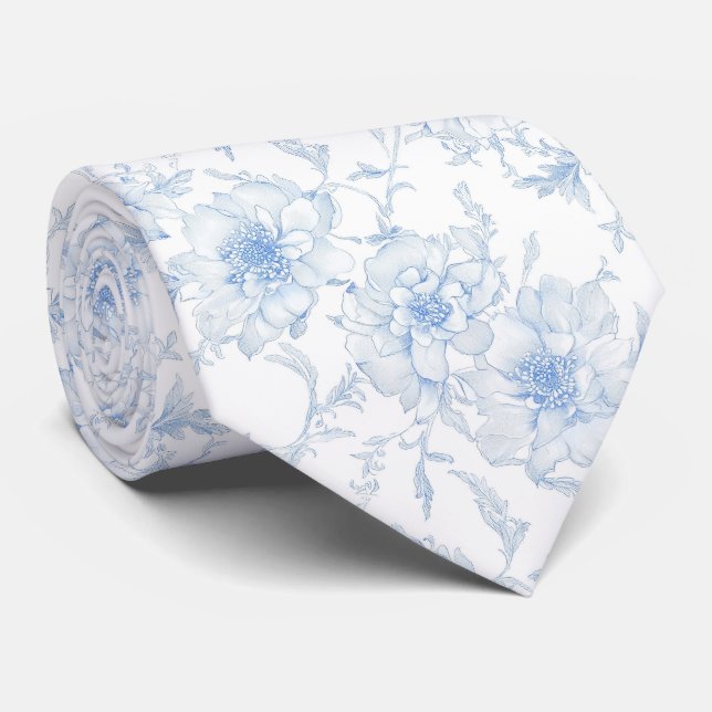 Ljusblå blommor toile de jouy slips (Rullad)