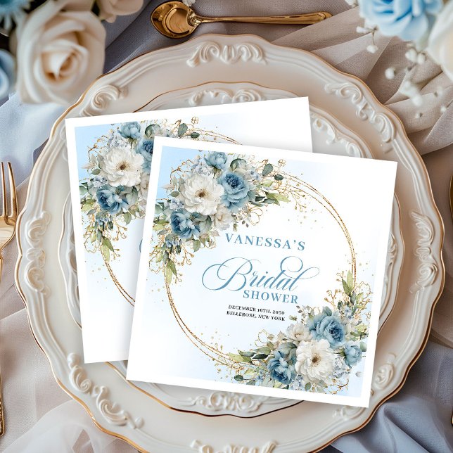 Ljusblå blomsterguldram med eukalyptus bröllop pappersservett (Light blue floral eucalyptus gold frame bridal napkins

)
