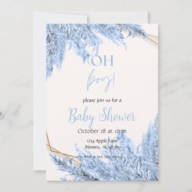 Ljusblå Boho Baby Shower Inbjudan (Framsida)