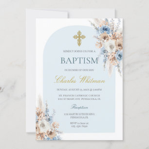 Ljusblå boho floral baptism inbjudningar