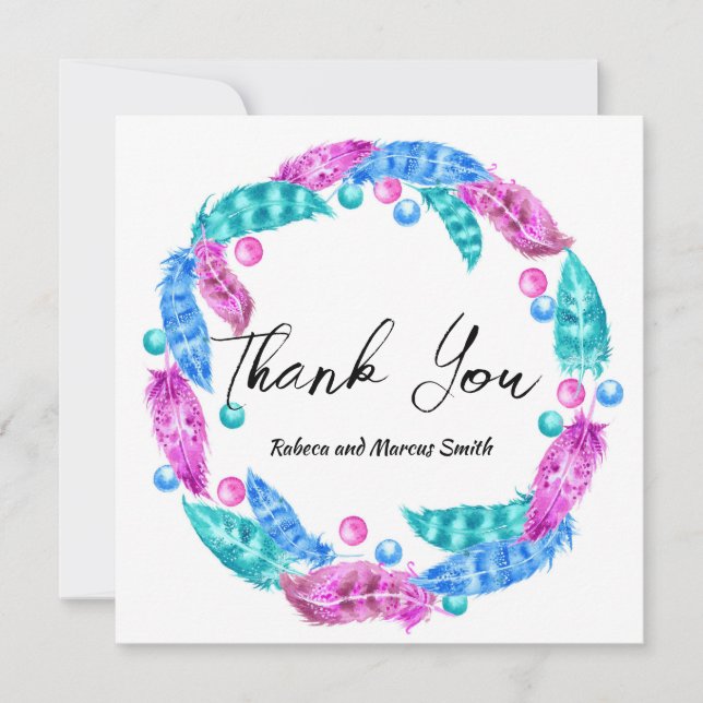 Ljusblå boho krans, elegans av levande färger t tack kort (Framsida)