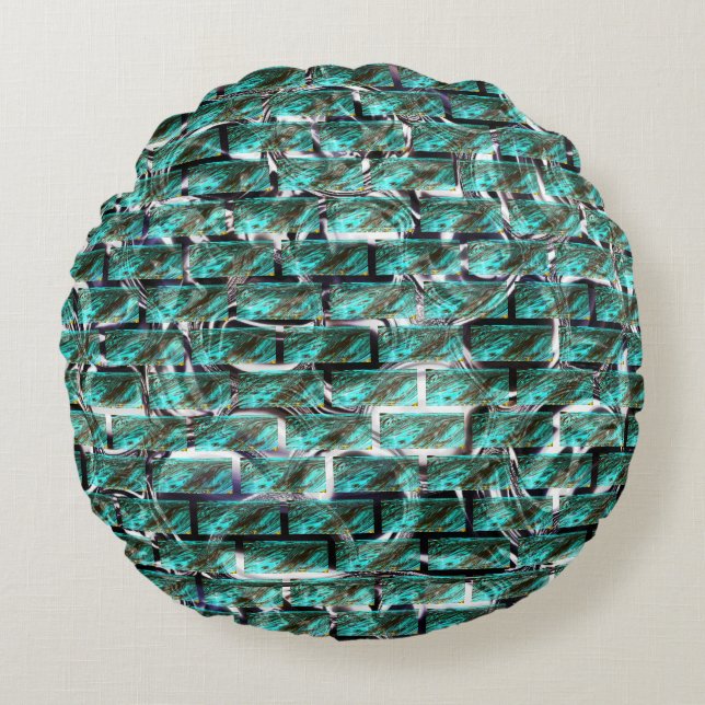 Ljusblå, bubblor i rutnät eller tegelvägg effekt t rund kudde (Framsidan)