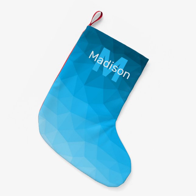 Ljusblå cyan geometrisk nätmönster Monogram Liten Julstrumpa (Framsidan (Hängande))