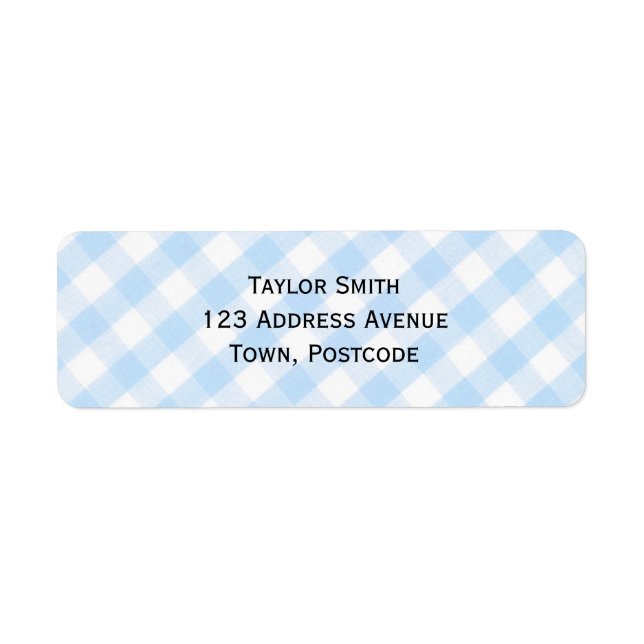 Ljusblå diagonal gingham mönster returadress etikett (Framsidan)