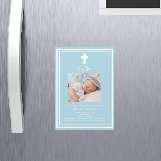 Ljusblå fotodobaptism magnetisk inbjudningskort (Skapare uppladdad)