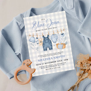 Ljusblå Gingham Blå Jean Baby Denim Baby Shower Inbjudningar