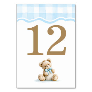 Ljusblå Gingham Och Teddybjörn Baby Shower Bordsnummer