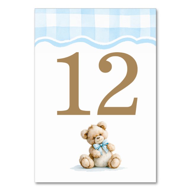 Ljusblå Gingham Och Teddybjörn Baby Shower Bordsnummer (Framsidan)