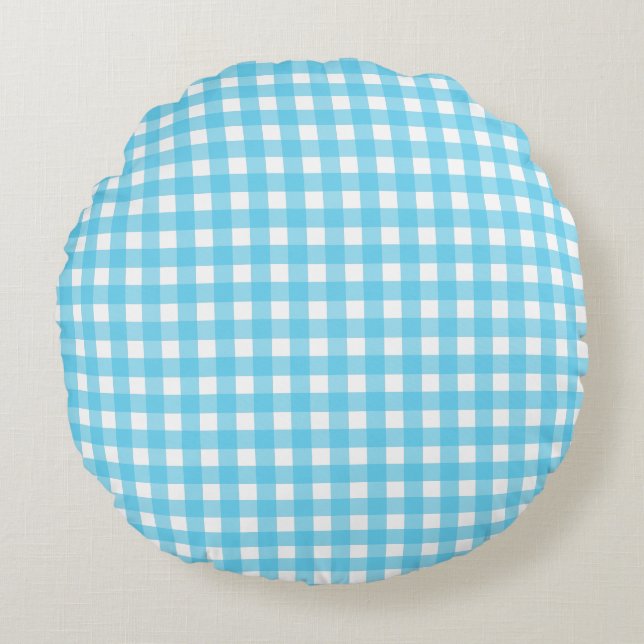 Ljusblå gingham rund kudde (Framsidan)