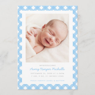 Ljusblå Gingham Single Photo Birth Notice Inbjudningar