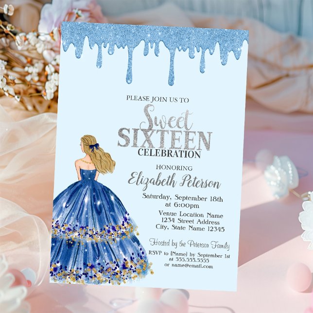 Ljusblå Glitter-drivrutiner,Dress Girl Sweet 16 Inbjudningar (Skapare uppladdad)