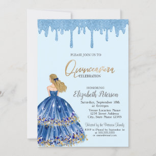 Ljusblå glitterdroppar, Klänning Flicka Quinceaner Inbjudningar