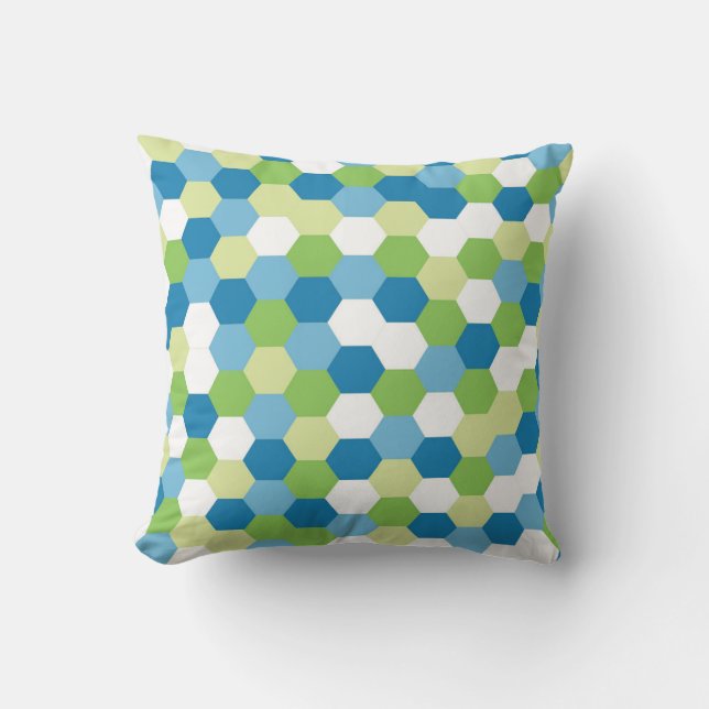  “Ljusblå & Grön Hexagon Mosaik *Kastkudde Kudde (Framsida)