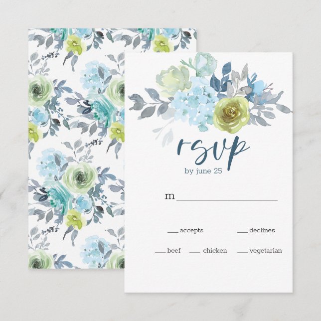 Ljusblå Gul Grön Blommig Bröllops-RSVP-kort OSA Kort (Fram/baksida)