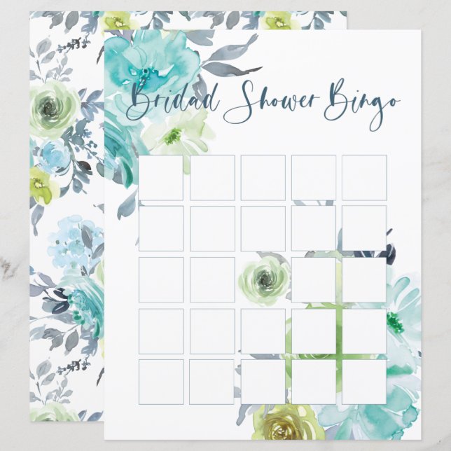 Ljusblå Gul Grön Blommig Bröllopsdusch Bingo (Fram/baksida)