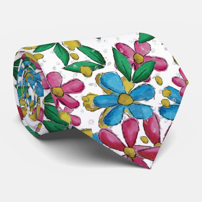 Ljusblå Gul Het Rosa Sommar Blommig Mönster Slips (Rullad)