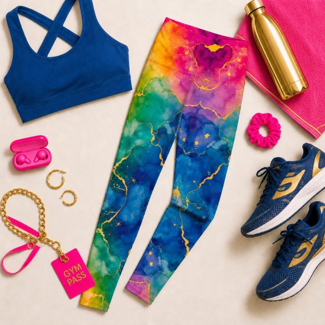 Ljusblå Guld Aquarelldesign Leggings (Skapare uppladdad)