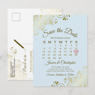 Ljusblå & Guld Bröllop Save the Date Kalender Meddelande Vykort
