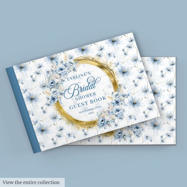 Ljusblå Guld Glitter Vattenfärg Blommor Bröllop Gästböcker (Pale Blue Gold Glitter Watercolor Flowers Bridal Guest Book)