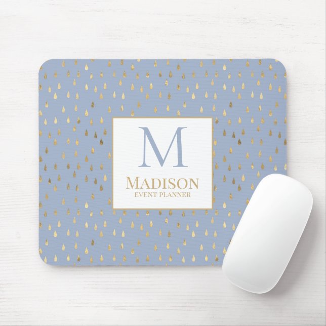 Ljusblå Guld Regndroppe Modern Trendig Monogram Musmatta (Med mus)