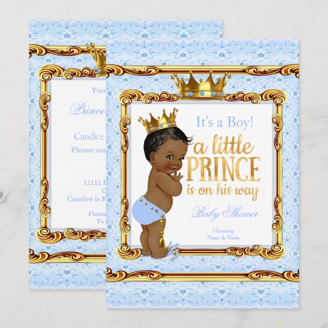 Ljusblå Guld Vit Prins Bebis Baby Shower Etnisk Inbjudningar (Fram/baksida)