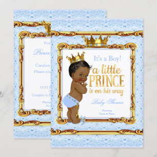 Ljusblå Guld Vit Prins Bebis Baby Shower Etnisk Inbjudningar