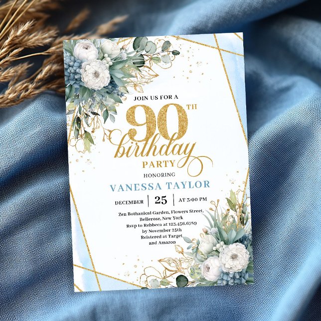 Ljusblå guldblad ger mjuk chic 90-årsdag inbjudningar (Pale blue gold leaves soft chic 90th birthday invitation)