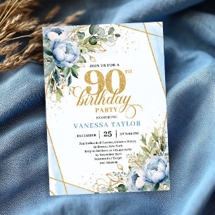 Ljusblå guldblommig blandning fancy 90-årsdag inbjudningar