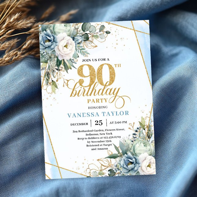 Ljusblå guldfärgade accenter blomstergrej chic 90- inbjudningar (Light blue gold accents floral chic 90th birthday invite)