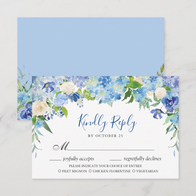 Ljusblå Hydrangea RSVP-kort med måltidsval OSA Kort (Fram/baksida)