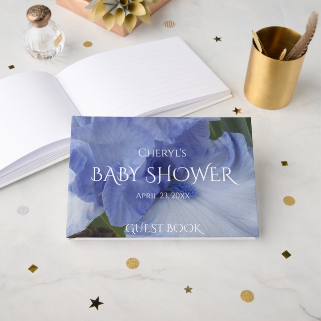 Ljusblå Iris Blommande Pojke Bebis Shower Gästböcker (Framsida öppen)