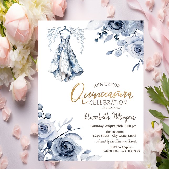 Ljusblå klänning Blå rosor Quinceañera   Inbjudningar (Skapare uppladdad)
